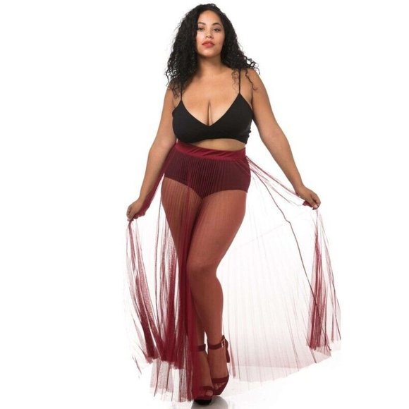 Women's Sexy Elastic Waist Pleated Mesh Maxi Skirt Plus Size 1X 2X 3X - Picture 2 of 6